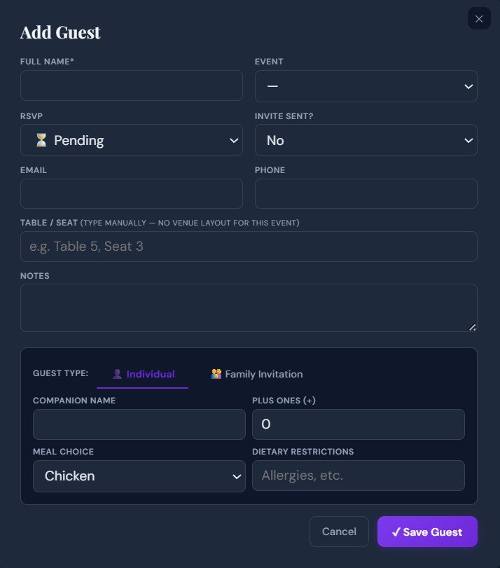 Planora add guest form with dietary flags and meal choices