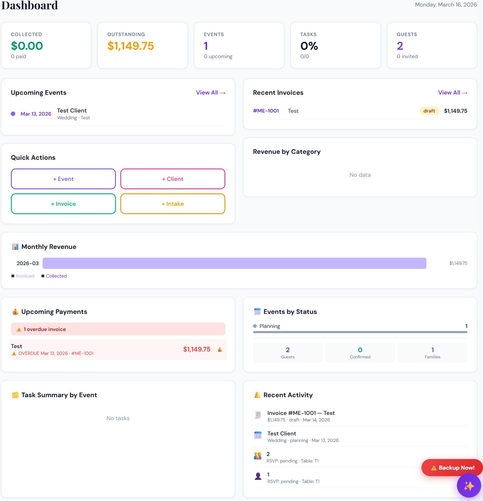 Planora event planning dashboard with client and event overview