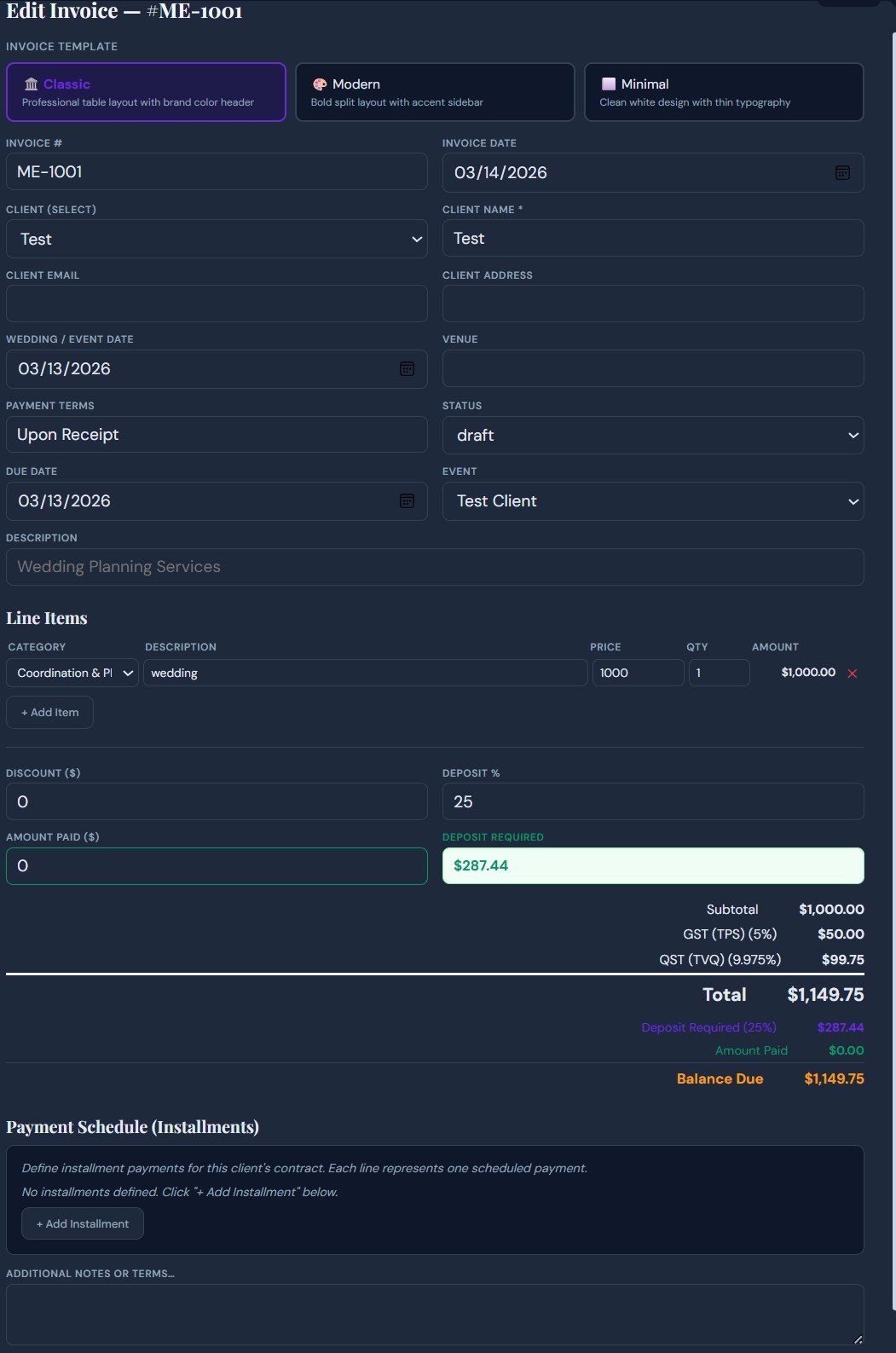 Planora professional invoice with automatic tax calculation and PDF export