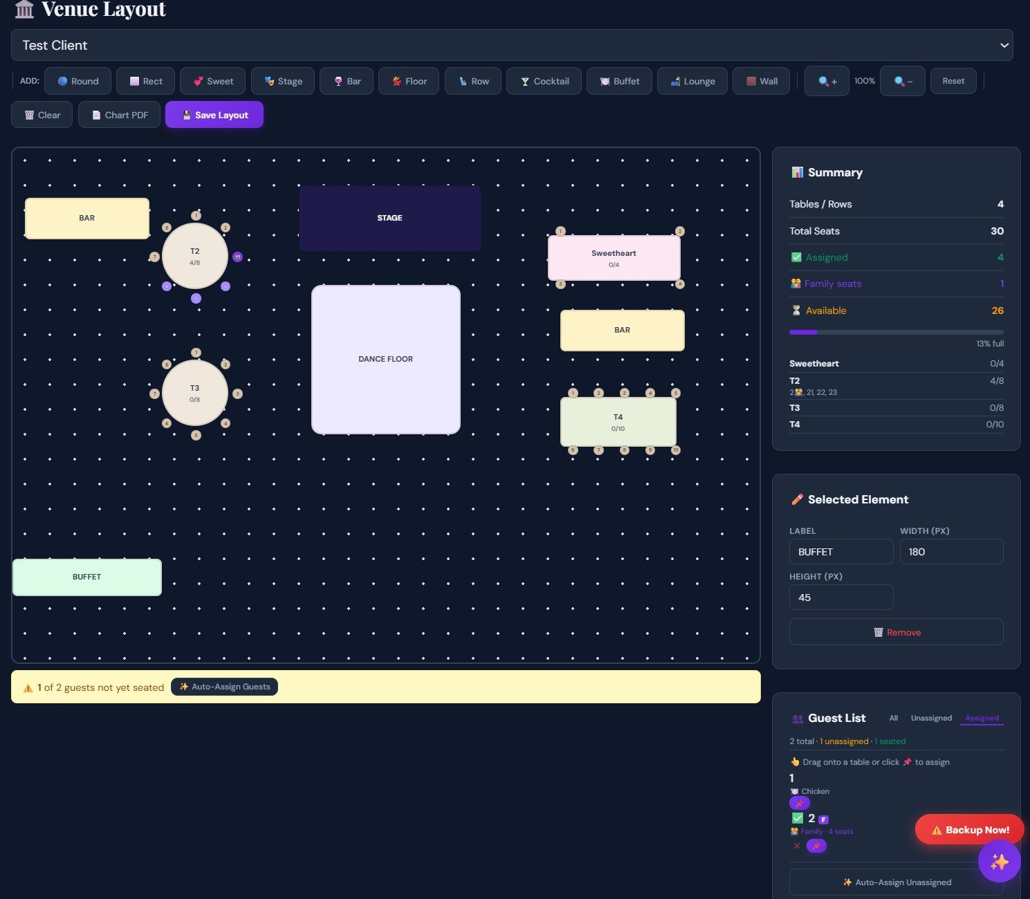 Planora drag-and-drop venue floor plan designer with auto-seating